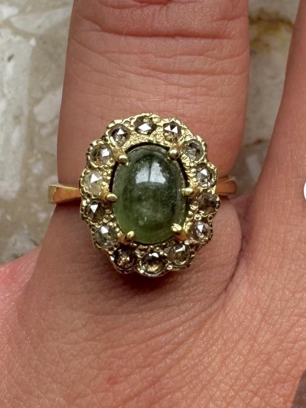 Tourmaline and rose cut diamonds Cabochon Halo Ring in gold plated